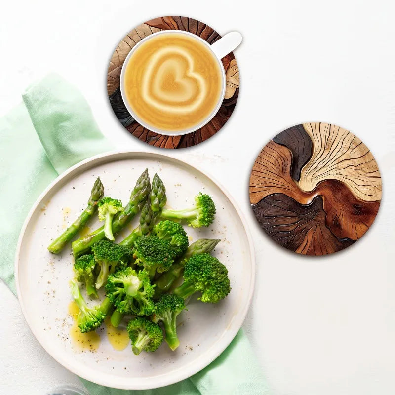 Juego de 6 elegantes posavasos de madera, diseño artesanal con vetas de madera y patrones en espiral, perfectos para café, té, hogar y decoración de bares.