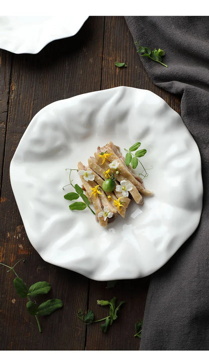Plato de cerámica irregular blanco para cocina occidental, vajilla ondulada para el hogar, bandeja para postres y frutas, decoración para restaurante y hogar.