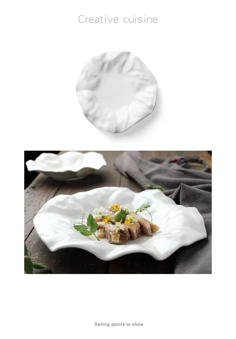 Plato de cerámica irregular blanco para cocina occidental, vajilla ondulada para el hogar, bandeja para postres y frutas, decoración para restaurante y hogar.