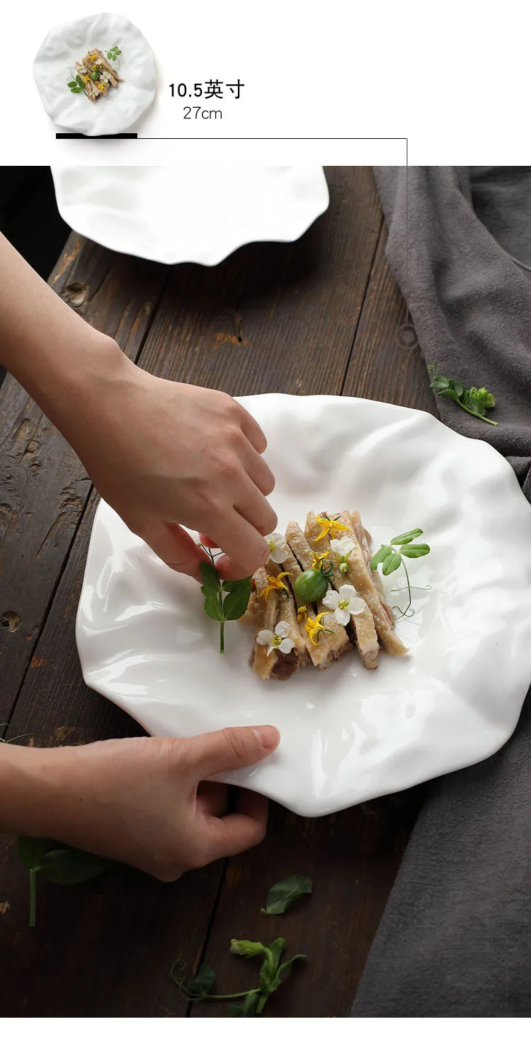 Plato de cerámica irregular blanco para cocina occidental, vajilla ondulada para el hogar, bandeja para postres y frutas, decoración para restaurante y hogar.