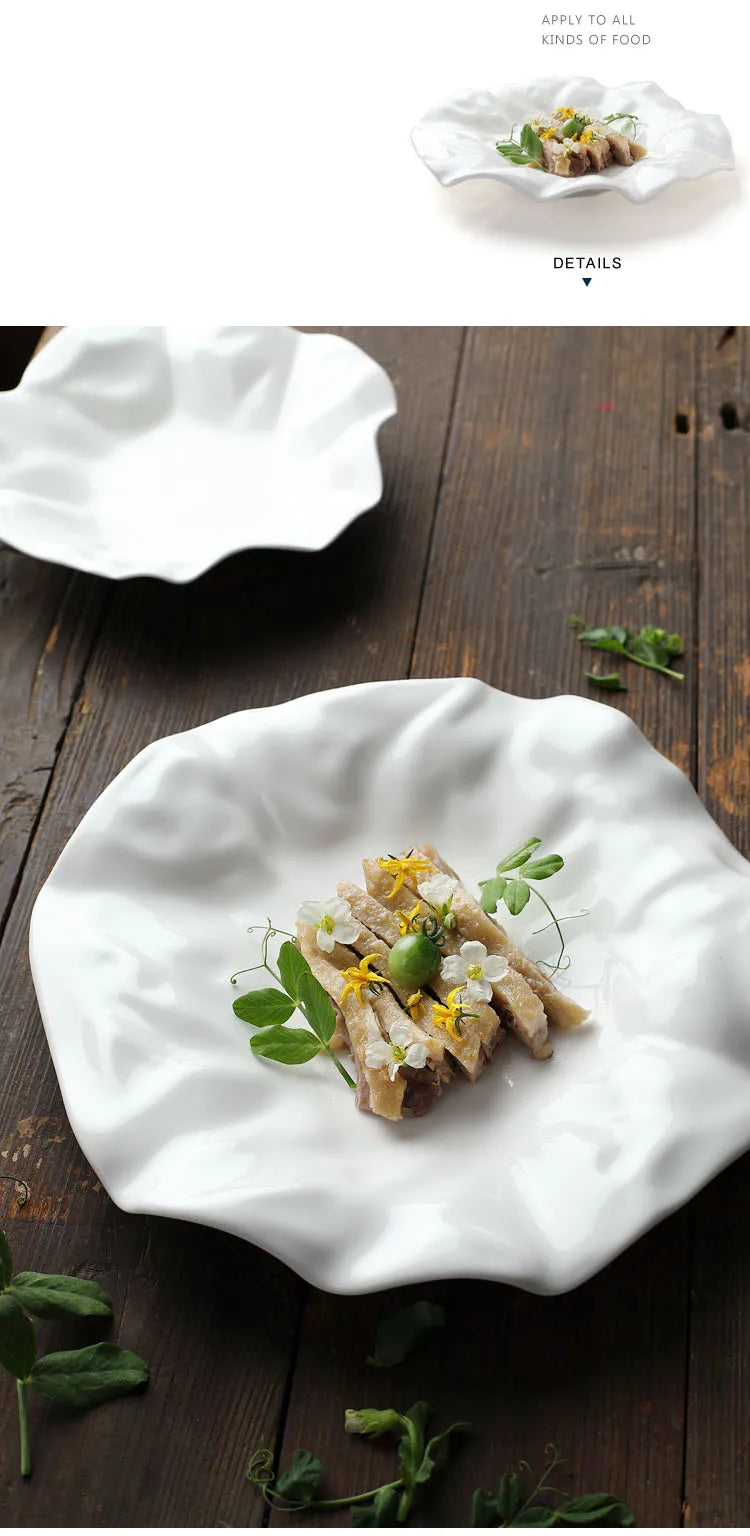 Plato de cerámica irregular blanco para cocina occidental, vajilla ondulada para el hogar, bandeja para postres y frutas, decoración para restaurante y hogar.