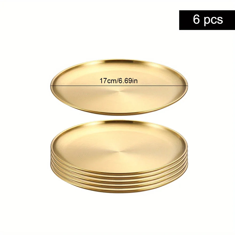 6Pcs Gold Stainless Steels Round Plate Rust-Proof Shallow Tray Plate Camping Plate BBQ Picnic Dishes Cookware