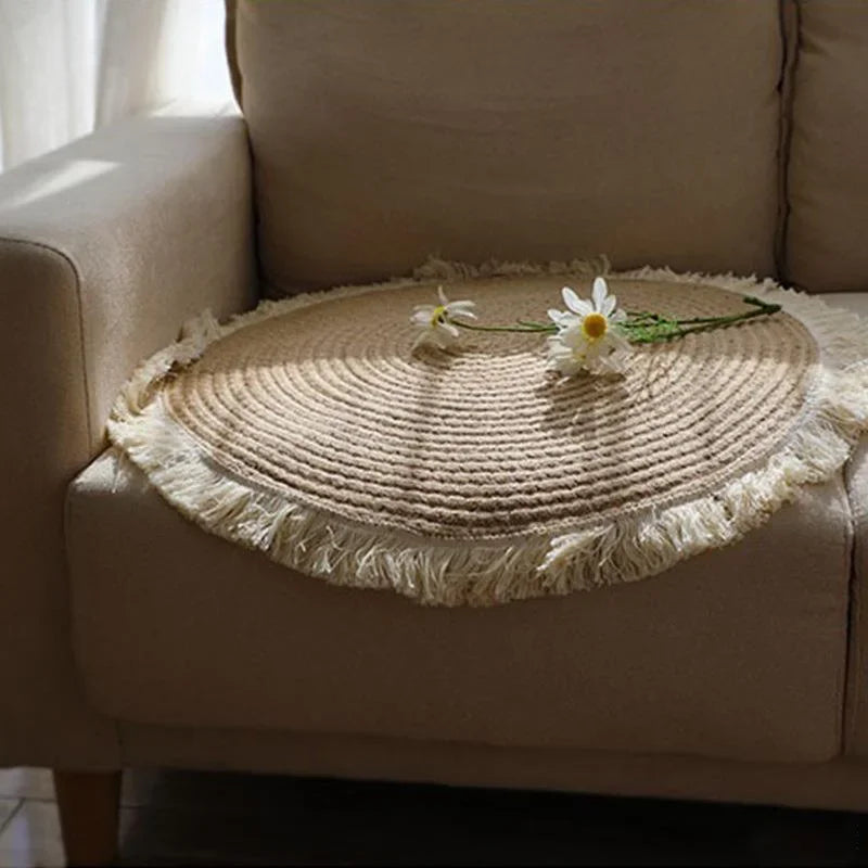 Handmade Round Rug Jute Carpets Woven Rattan Carpet With Tassel for Bedroom Living Room Vintage Linen Cotton Floor Mats