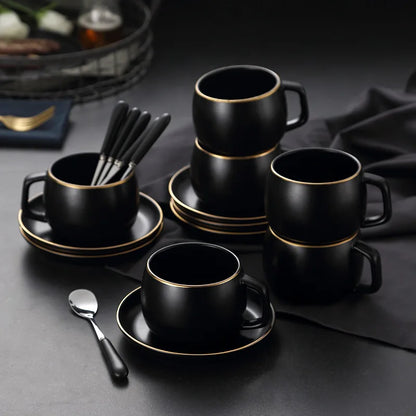 Matte Black Ceramic Cup with Gold-Border Saucer
