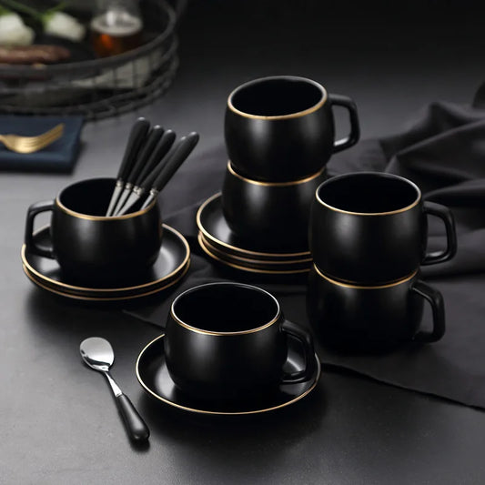 Matte Black Ceramic Cup with Gold-Border Saucer