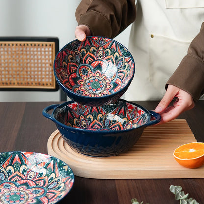 1Pc/2Pcs Bohemian Ceramic Tableware, Unique Floral Pattern Design, Bohemian Style Handmade Ceramic Tableware for Home Daily Use, Outdoor Camping Style Picnic, Restaurant Hotel Serving Plate, Home Decoration Tableware, Salad P