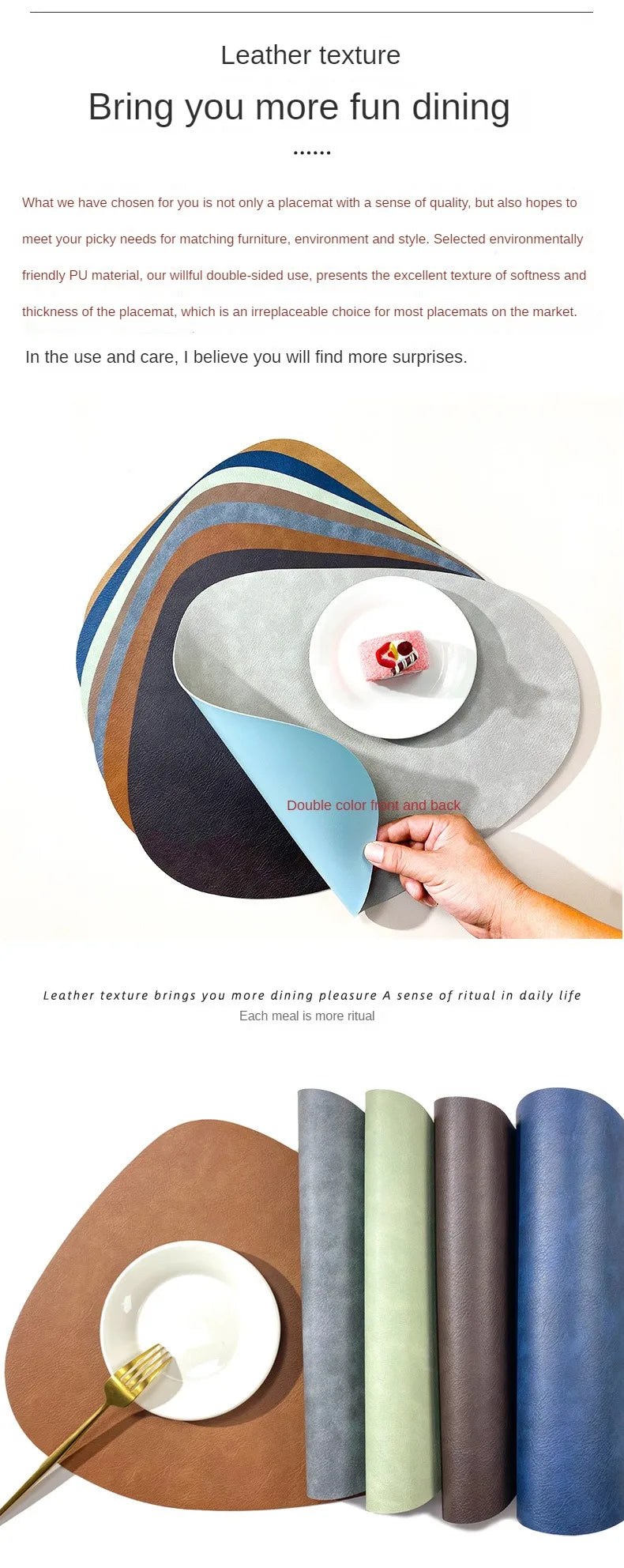 Mantel individual de PU antideslizante de doble cara con aislamiento, estilo nórdico, con estampado de piel de vaca sintética y forma de gota de agua.