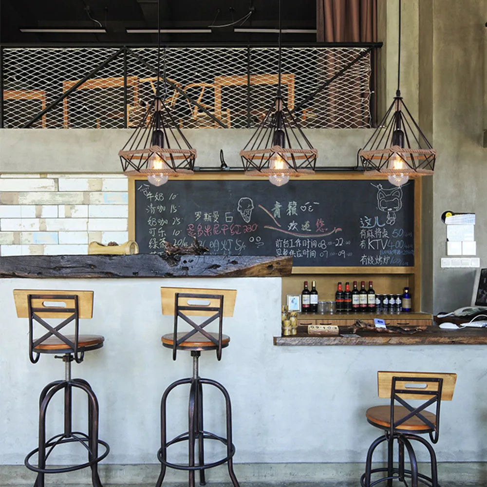E27 Industrial Lighting Loft Pendant Light Vintage Lamp Shade Loft Coffee Bar Kitchen Hanging Pendant Light Metal and Hemp Rope