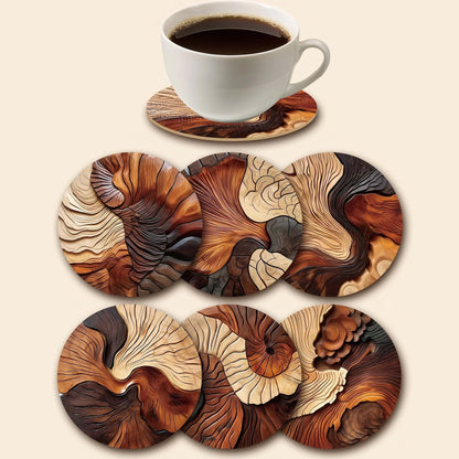 Juego de 6 elegantes posavasos de madera, diseño artesanal con vetas de madera y patrones en espiral, perfectos para café, té, hogar y decoración de bares.