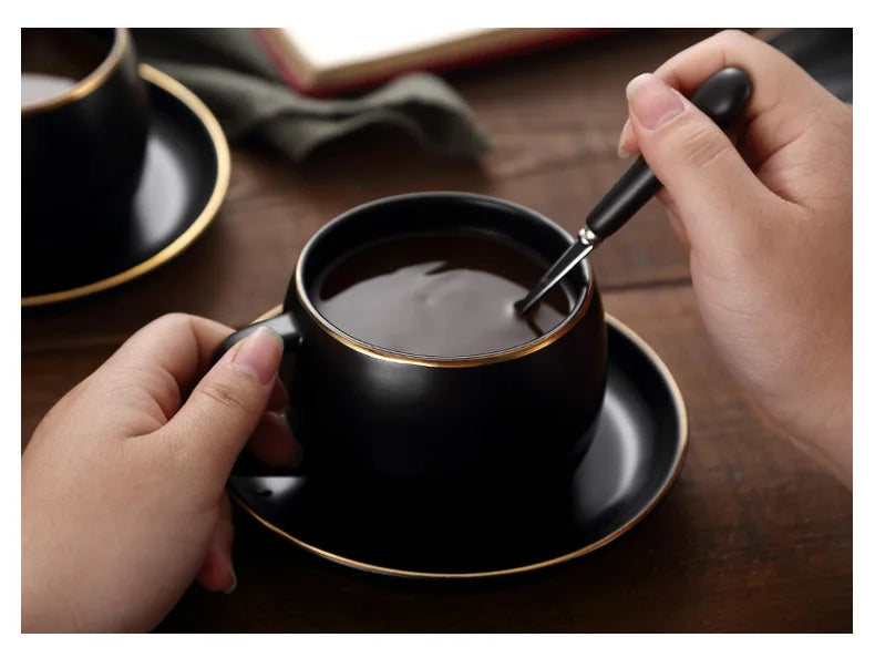 Matte Black Ceramic Cup with Gold-Border Saucer