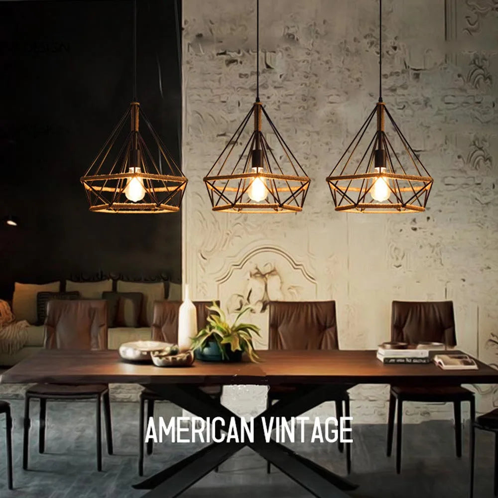 E27 Industrial Lighting Loft Pendant Light Vintage Lamp Shade Loft Coffee Bar Kitchen Hanging Pendant Light Metal and Hemp Rope
