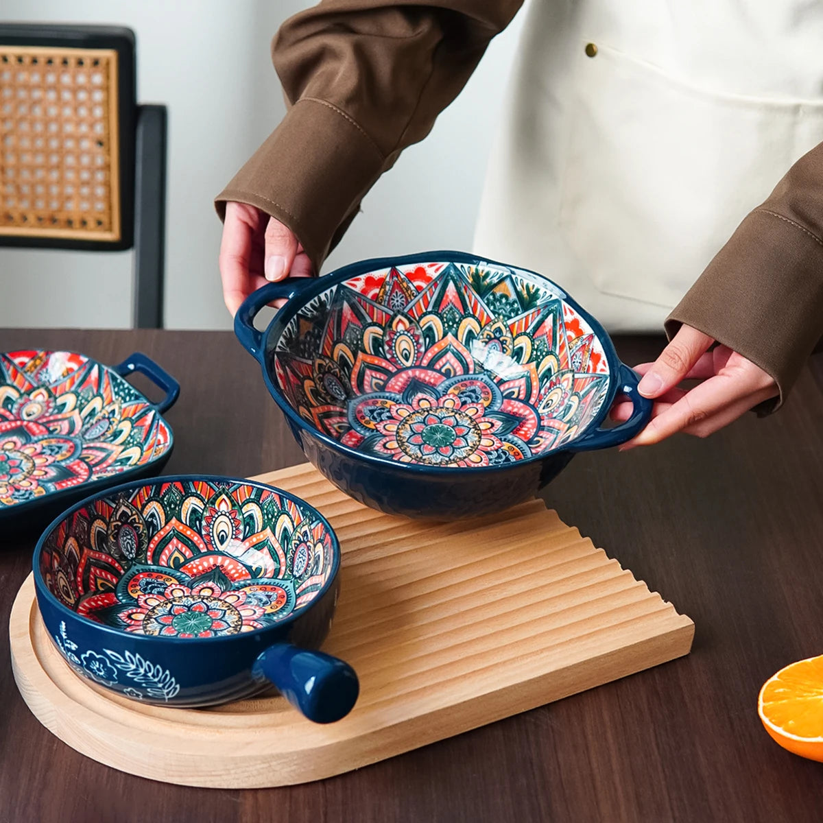 1Pc/2Pcs Bohemian Ceramic Tableware, Unique Floral Pattern Design, Bohemian Style Handmade Ceramic Tableware for Home Daily Use, Outdoor Camping Style Picnic, Restaurant Hotel Serving Plate, Home Decoration Tableware, Salad P