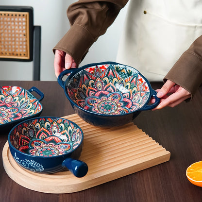 1Pc/2Pcs Bohemian Ceramic Tableware, Unique Floral Pattern Design, Bohemian Style Handmade Ceramic Tableware for Home Daily Use, Outdoor Camping Style Picnic, Restaurant Hotel Serving Plate, Home Decoration Tableware, Salad P