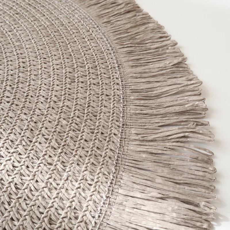 Round Braided Placemats Fringe Paper Table Mats Hand Woven Non-slip Insulation Place Mats Tea Cup Pad Dining Table Decorations