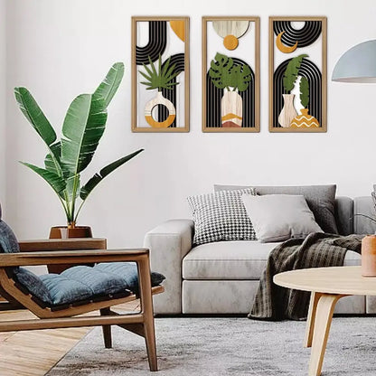 Modern Line Hollow Wooden Art Wall Decor Abstract Geometric Wall Sculptures Banana Leaves Bohemian Wall Art Decor