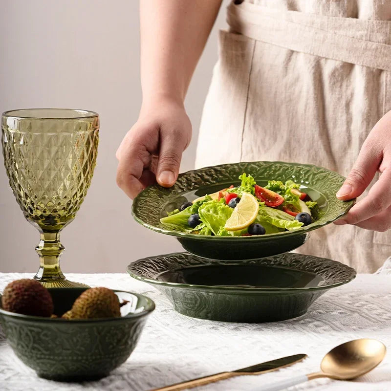 Nuevo juego de vajilla retro con plato de verduras y plato de pescado de cerámica combinado