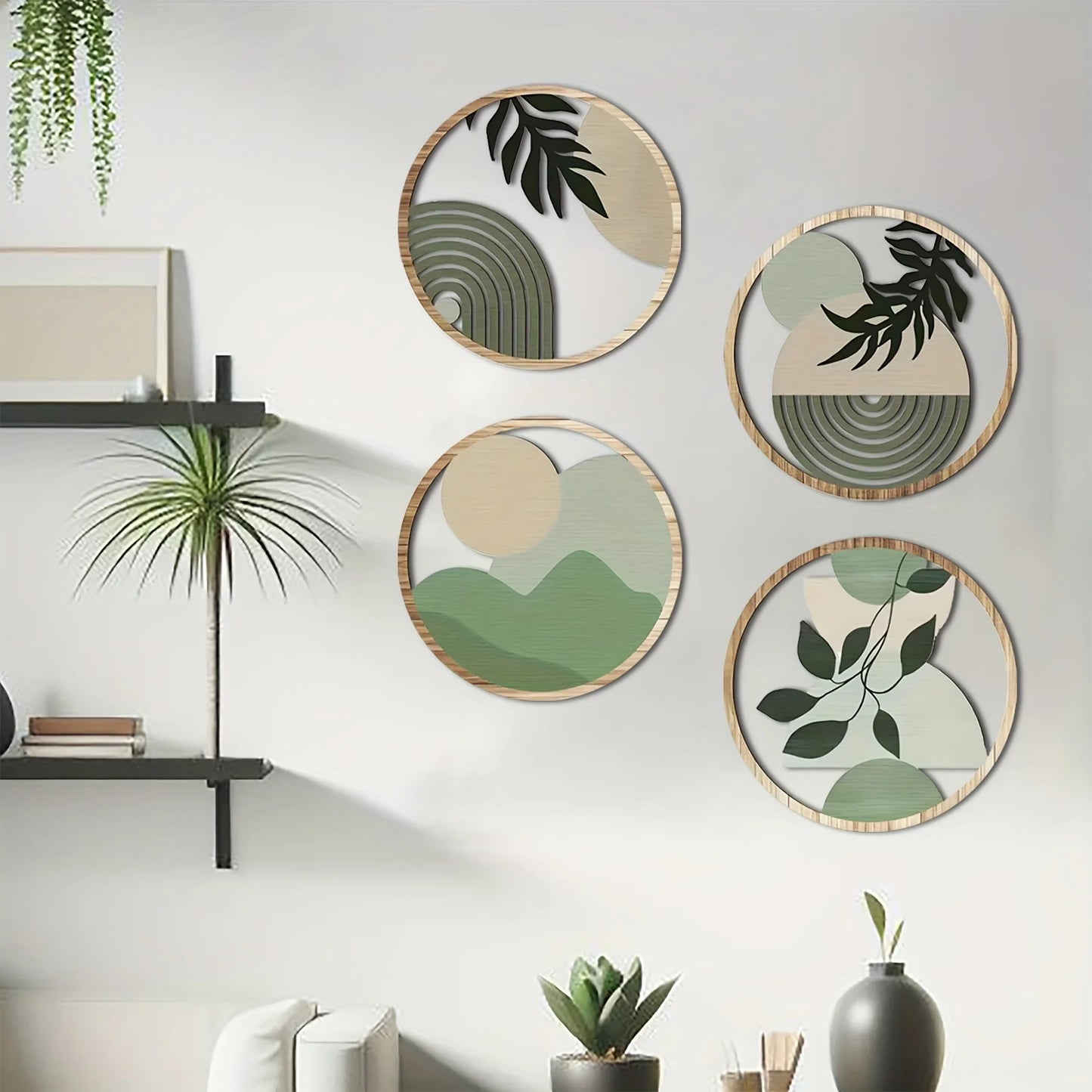 4 piezas de decoración de pared de madera bohemia, esculturas colgantes rústicas huecas para sala de estar, dormitorio y patio al aire libre.