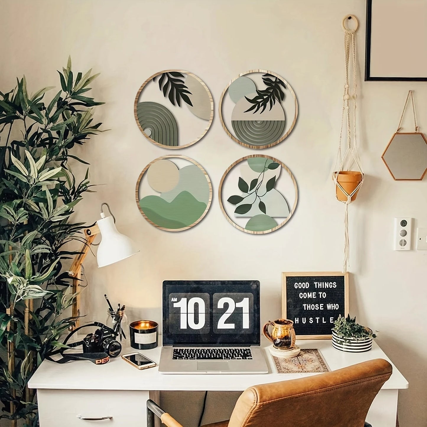 4 piezas de decoración de pared de madera bohemia, esculturas colgantes rústicas huecas para sala de estar, dormitorio y patio al aire libre.