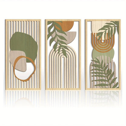 3PCS Sage Green Abstract Wooden Wall Art, Geometric Wood Wall Sculptures, Modern Artwork Neutral Wall Decor