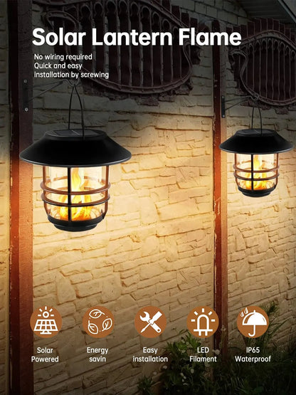 1pcs Solar Hanging Lantern Outdoor Flickering Flames Waterproof Heavy Glass Stainless Solar Outdoor Light for Wall Fence Patio P