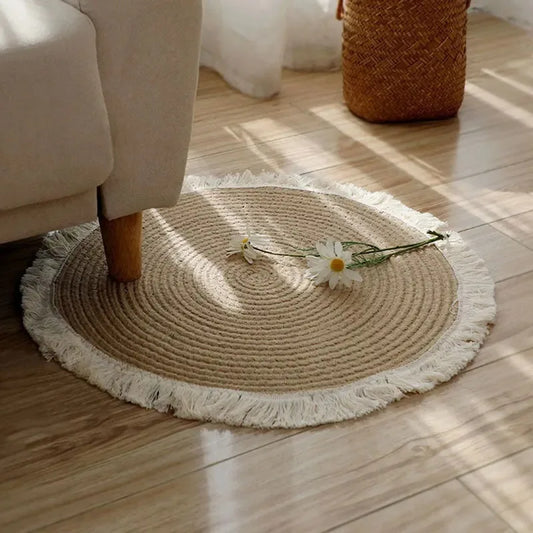 Handmade Round Rug Jute Carpets Woven Rattan Carpet With Tassel for Bedroom Living Room Vintage Linen Cotton Floor Mats