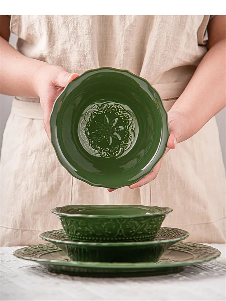 Nuevo juego de vajilla retro con plato de verduras y plato de pescado de cerámica combinado