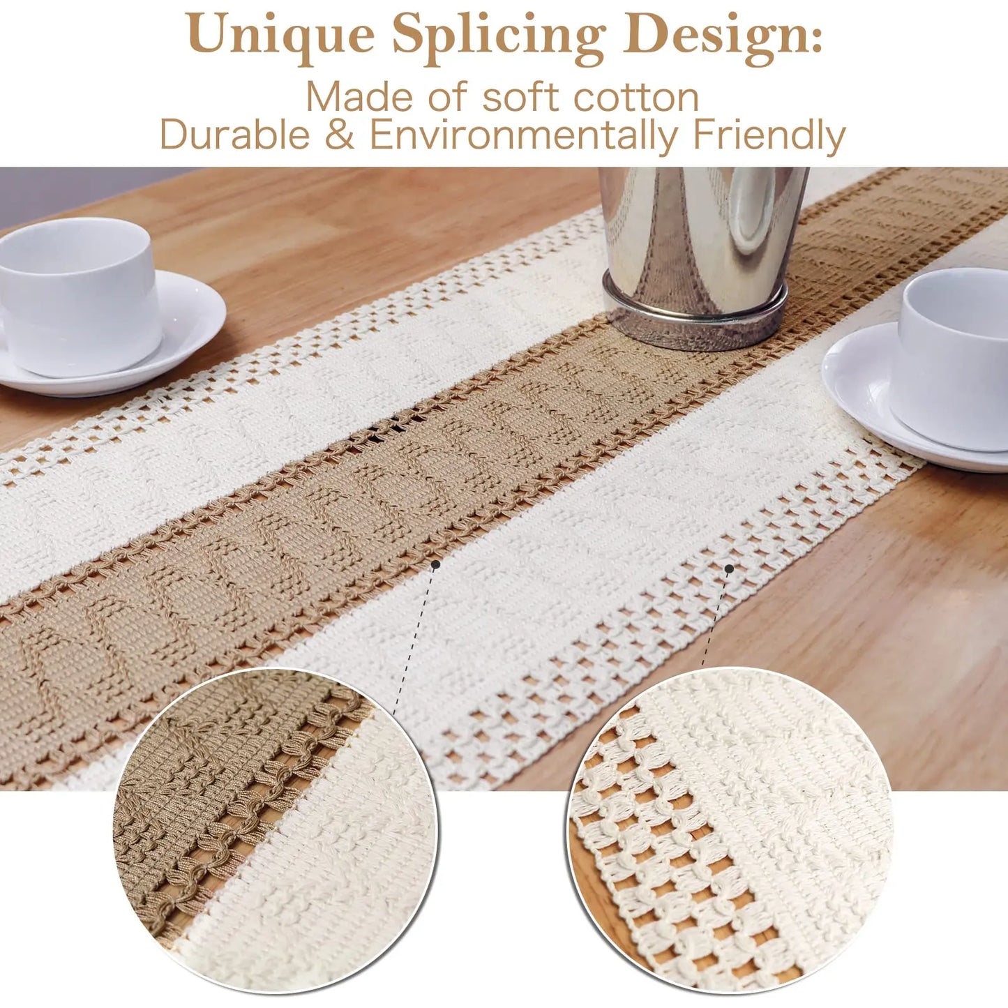Splicing Burlap Table Runner Farmhouse Style, Boho Table Runner Modern Farmhouse Decor Rustic Woven Cotton Crochet Lace