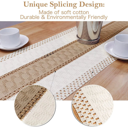 Splicing Burlap Table Runner Farmhouse Style, Boho Table Runner Modern Farmhouse Decor Rustic Woven Cotton Crochet Lace