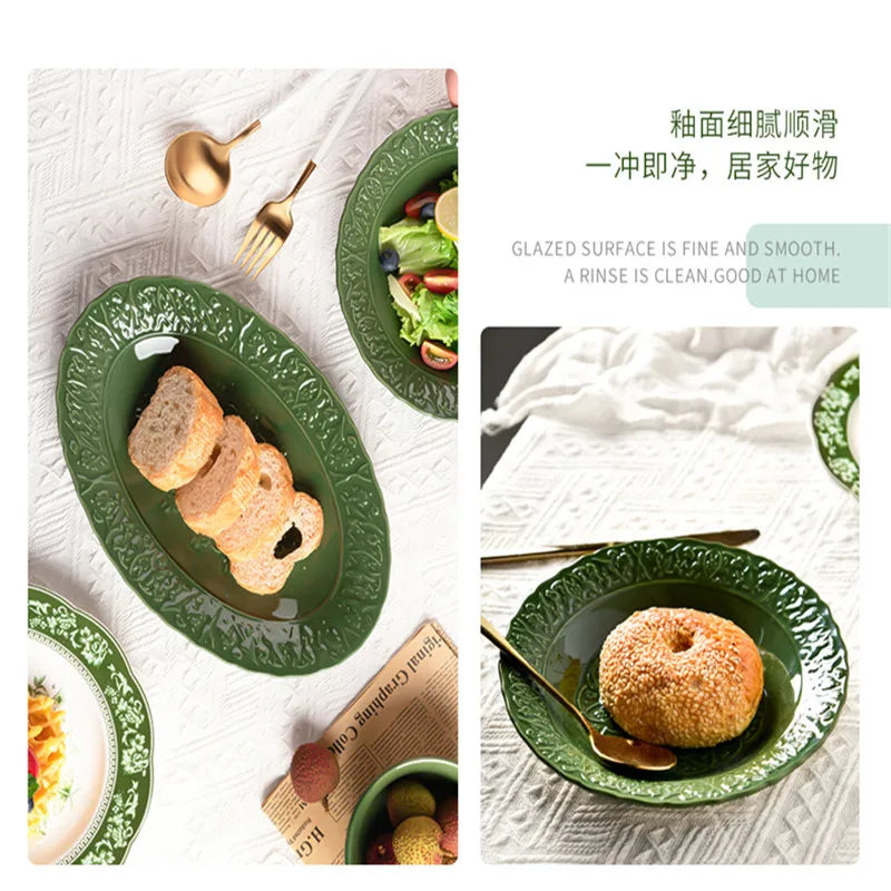 Nuevo juego de vajilla retro con plato de verduras y plato de pescado de cerámica combinado