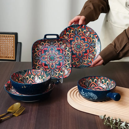 1Pc/2Pcs Bohemian Ceramic Tableware, Unique Floral Pattern Design, Bohemian Style Handmade Ceramic Tableware for Home Daily Use, Outdoor Camping Style Picnic, Restaurant Hotel Serving Plate, Home Decoration Tableware, Salad P