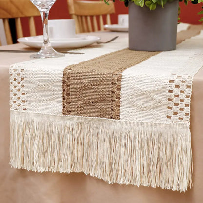 Splicing Burlap Table Runner Farmhouse Style, Boho Table Runner Modern Farmhouse Decor Rustic Woven Cotton Crochet Lace