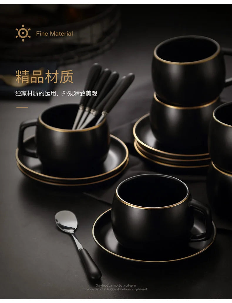 Matte Black Ceramic Cup with Gold-Border Saucer