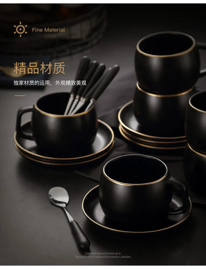 Matte Black Ceramic Cup with Gold-Border Saucer