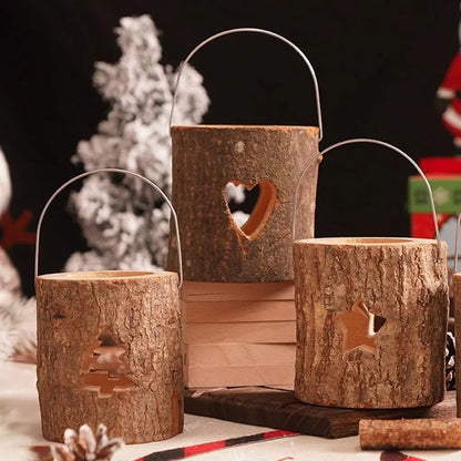 Home Decor Rustic Wood Candlestick Decorative Natural Craft Candelabra with Handle Minimalist Candle Holder Gift