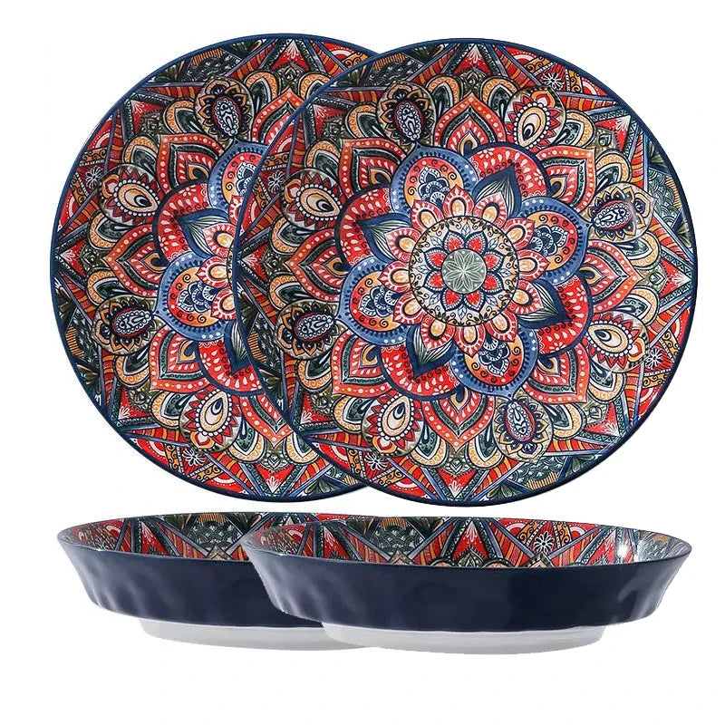 1Pc/2Pcs Bohemian Ceramic Tableware, Unique Floral Pattern Design, Bohemian Style Handmade Ceramic Tableware for Home Daily Use, Outdoor Camping Style Picnic, Restaurant Hotel Serving Plate, Home Decoration Tableware, Salad P