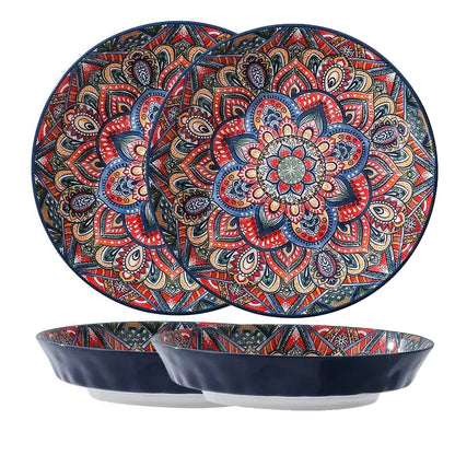 1Pc/2Pcs Bohemian Ceramic Tableware, Unique Floral Pattern Design, Bohemian Style Handmade Ceramic Tableware for Home Daily Use, Outdoor Camping Style Picnic, Restaurant Hotel Serving Plate, Home Decoration Tableware, Salad P