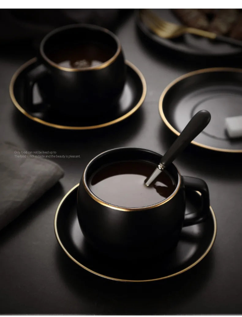 Matte Black Ceramic Cup with Gold-Border Saucer