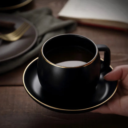 Matte Black Ceramic Cup with Gold-Border Saucer