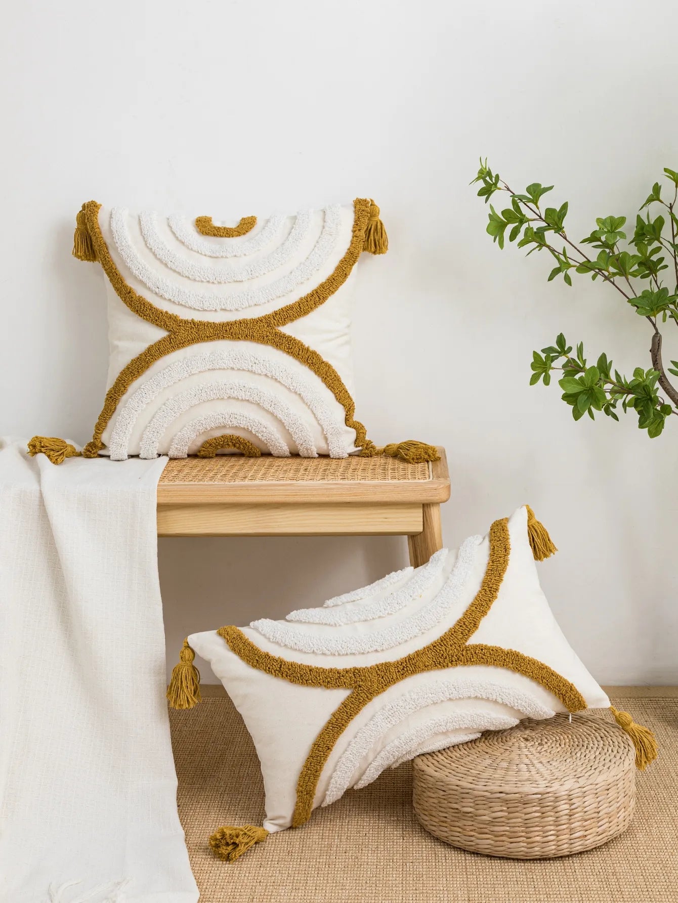 1pc yellow geometric arc pattern cotton sail pillow cover with bohemian style suitable for sofas, living rooms, bedrooms, beds