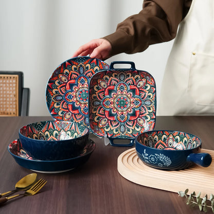 1Pc/2Pcs Bohemian Ceramic Tableware, Unique Floral Pattern Design, Bohemian Style Handmade Ceramic Tableware for Home Daily Use, Outdoor Camping Style Picnic, Restaurant Hotel Serving Plate, Home Decoration Tableware, Salad P