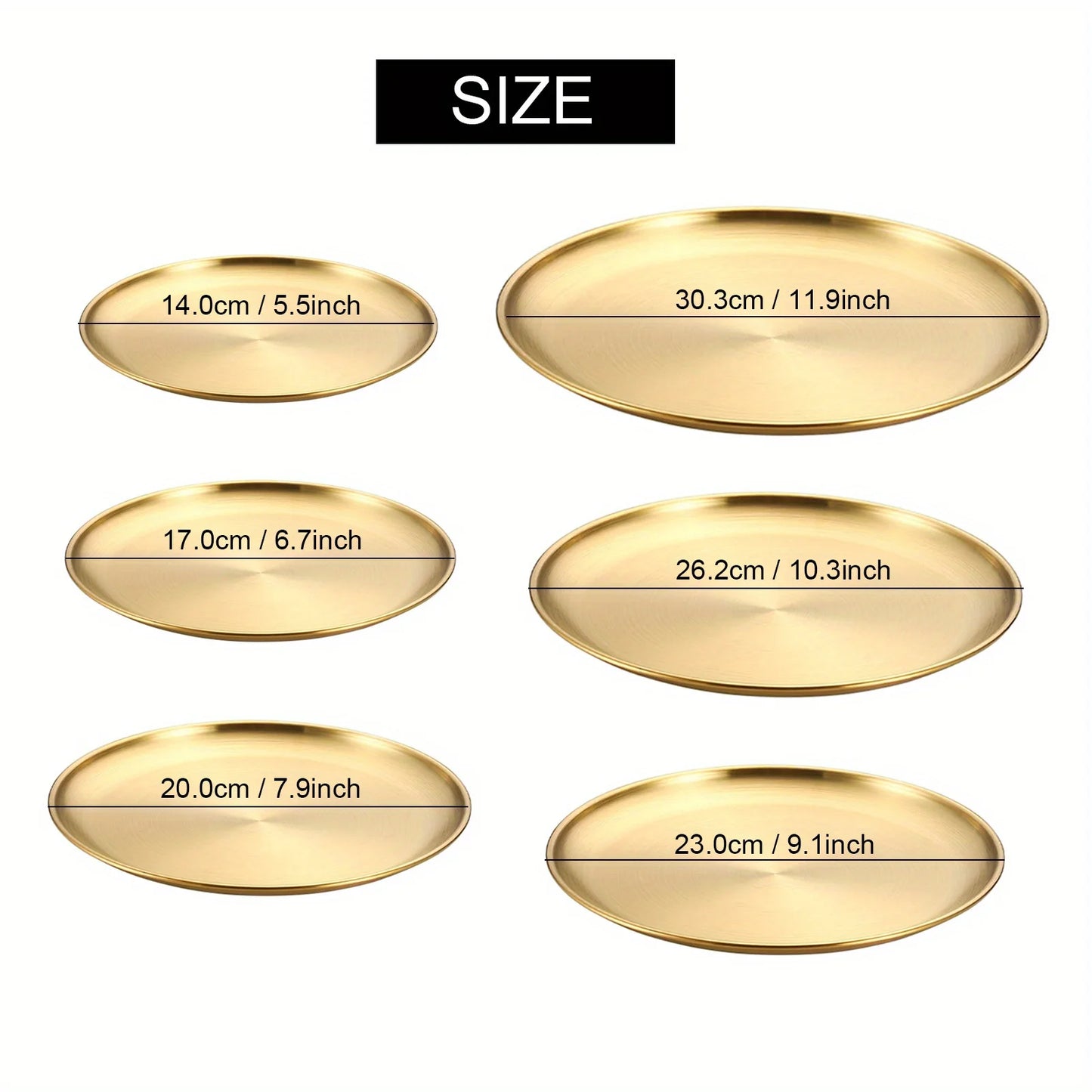6Pcs Gold Stainless Steels Round Plate Rust-Proof Shallow Tray Plate Camping Plate BBQ Picnic Dishes Cookware