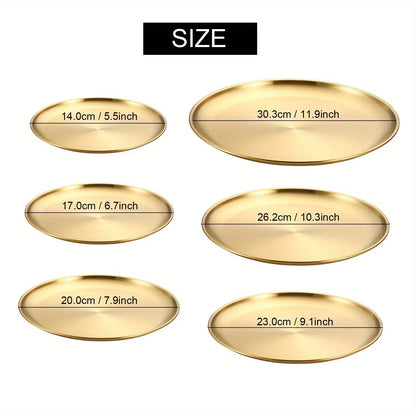 6Pcs Gold Stainless Steels Round Plate Rust-Proof Shallow Tray Plate Camping Plate BBQ Picnic Dishes Cookware
