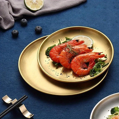 6Pcs Gold Stainless Steels Round Plate Rust-Proof Shallow Tray Plate Camping Plate BBQ Picnic Dishes Cookware