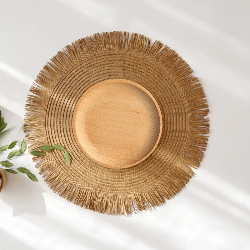 Round Braided Placemats Fringe Paper Table Mats Hand Woven Non-slip Insulation Place Mats Tea Cup Pad Dining Table Decorations