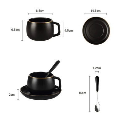 Matte Black Ceramic Cup with Gold-Border Saucer