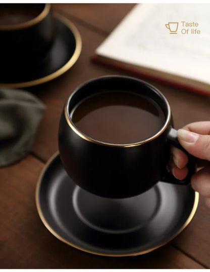 Matte Black Ceramic Cup with Gold-Border Saucer