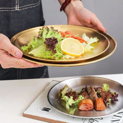 6Pcs Gold Stainless Steels Round Plate Rust-Proof Shallow Tray Plate Camping Plate BBQ Picnic Dishes Cookware