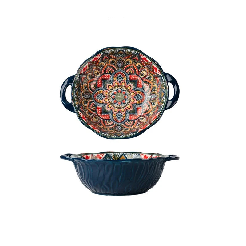 1Pc/2Pcs Bohemian Ceramic Tableware, Unique Floral Pattern Design, Bohemian Style Handmade Ceramic Tableware for Home Daily Use, Outdoor Camping Style Picnic, Restaurant Hotel Serving Plate, Home Decoration Tableware, Salad P