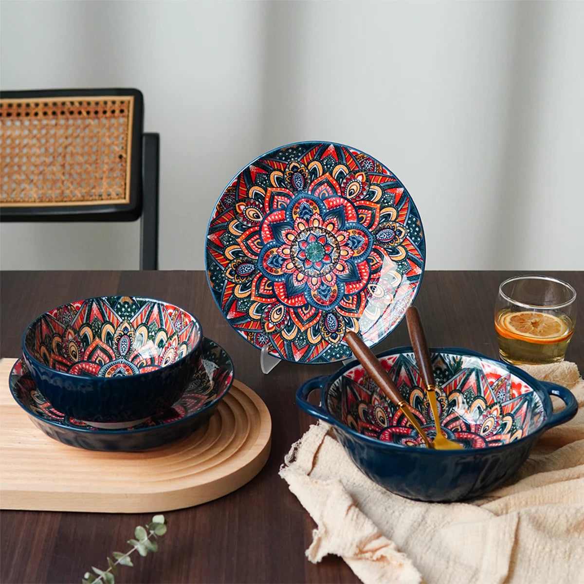 1Pc/2Pcs Bohemian Ceramic Tableware, Unique Floral Pattern Design, Bohemian Style Handmade Ceramic Tableware for Home Daily Use, Outdoor Camping Style Picnic, Restaurant Hotel Serving Plate, Home Decoration Tableware, Salad P