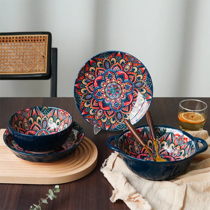 1Pc/2Pcs Bohemian Ceramic Tableware, Unique Floral Pattern Design, Bohemian Style Handmade Ceramic Tableware for Home Daily Use, Outdoor Camping Style Picnic, Restaurant Hotel Serving Plate, Home Decoration Tableware, Salad P